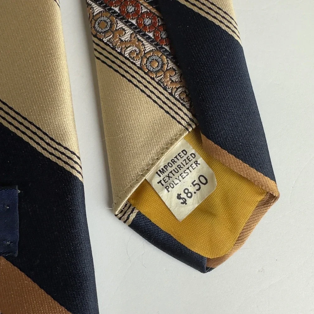 Vintage Damon Mens Tie Navy Gold Rust Striped Floral Brocade 70s Wide Polyester